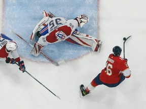 Aleksander Barkov #16 of the Florida Panthers scores his second goal of the first period past goaltender Sam Montembeault #35 of the Montreal Canadiens at the FLA Live Arena on Dec. 29, 2022 in Sunrise, Fla.