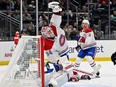 Canadiens goalie Jake Allen makes save during second period of Tuesday night’s game against the Kraken at the Climate Pledge Arena in Seattle.