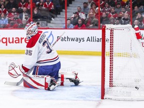 Shane Pinto #57 of the Ottawa Senators scores against Sam Montembeault #35 of the Montreal Canadiens during the second period at the Canadian Tire Center on December 14, 2022 in Ottawa.