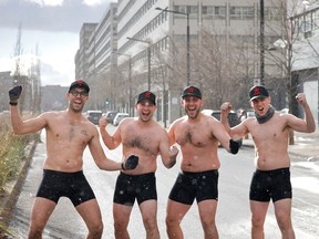 From left, Manmade's Philip Santagata, Robert Marzin, Anthony Ciavirella and Roberto Rebelo brave snow and wind to show off what they say are the best-made men's boxers.