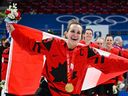 Canada's Marie-Philip Poulin celebrates during the victory ceremony at the Beijing Winter Games on Feb. 17, 2022. 