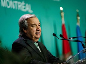 United Nations Secretary-General António Guterres speaks during the opening ceremony of the United Nations Biodiversity Conference (COP15) at the Palais des congrès in Montreal on Tuesday, Dec. 6, 2022.