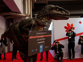 Frankie the Dinosaur, the United Nations Development Programme's special guest, makes a media appearance at the United Nations Biodiversity Conference (COP15) in Montreal on Dec. 12, 2022.