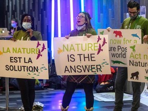 Climate activists hold signs during the United the Nations Biodiversity Conference (COP15) in Montreal on Dec. 16, 2022.