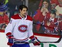 Montreal Canadiens forward Sean Monahan skates during warm-up in his first return to the Scotiabank Saddledome since being traded, on Thursday, Dec. 1, 2022.