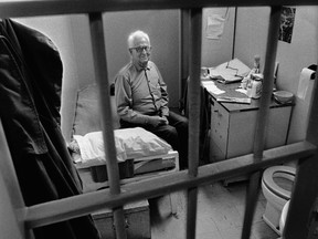 Canada's oldest prisoner, Alphege Gore, in his Joyceville Prison cell during an interview with reporter Mark Abley on July 27, 1988. Gore was 87 years old and killed his wife the year before.