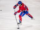 Laval Rocket defenseman Nicolas Beaudin during warmup before facing the Cleveland Monsters at Place Bell in Laval on Nov.  18, 2022.