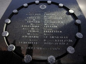 A memorial at Ecole Polytechnique lists the names of the 14 women killed by a lone gunman in the 1989 Montreal Massacre at Ecole Polytechnique in Montreal on Dec. 6, 1989.