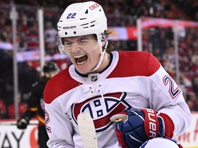 Montreal Canadiens forward Cole Caufield celebrates his goal against the Calgary Flames during the third period at the Scotiabank Saddledome in Calgary on Dec. 1, 2022.