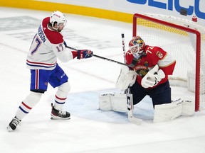 Florida Panthers goaltender Sergei Bobrovsky (72) blocks the shot of Montreal Canadiens right wing Josh Anderson (17) during the first period at FLA Live Arena in Sunrise, Fla., on Dec. 29, 2022.