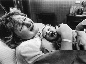 John Mahoney's wife, Jocelyne, is overcome with emotion after the birth of their first child, Darryl, on Feb. 3, 1982, at the Montreal General Hospital. The General closed its maternity ward a few months later.