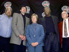 FILE - Inductees of the 1999 Basketball Hall of Fame pose together following a news conference in Springfield, Mass., Friday, Oct. 1, 1999. From left are Wayne Embry, Kevin McHale, Billie Moore, John Thompson and Carl Bennett, who is accepting the award for Fred Zollner. Billie Moore, who coached the first U.S. Olympic women's basketball team to a silver medal at the Montreal Games in 1976, has died. She was 79. UCLA, where Moore was the women's head coach from 1977-93, announced Thursday, Dec. 15, 2022, that she died at home surrounded by family and friends.