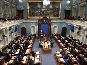 Premier François Legault present the inaugural speech to members of the National Assembly in Quebec City on Wednesday, Nov. 30, 2022. he legislature has passed a law putting an end to a requirement to swear an oath to the King to sit in the legislature.