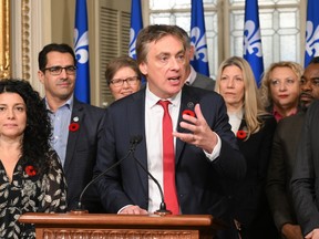 Quebec Liberal interim Leader Marc Tanguay speaks during a news conference at the Legislature in Quebec City,Thursday, Nov. 10, 2022.