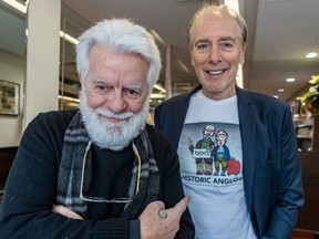 Gazette cartoonist Terry Mosher, a.k.a. Aislin, and CJAD's Aaron Rand, right, with this year's fundraiser T-shirt at the Snowdon Deli on Thursday.