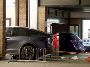Two cars that crashed into the Galeries Lachine shopping mall on Monday, Dec. 19, 2022.