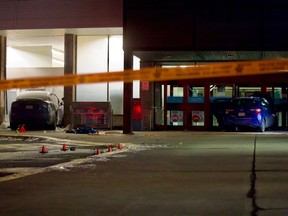 Two cars that crashed into the Galeries Lachine shopping mall on Monday, Dec. 19, 2022.