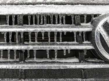 Icicles coat the grill of a car after Montreal was hit with a combination of ice pellets, snow and freezing rain overnight Thursday Jan. 5, 2023.