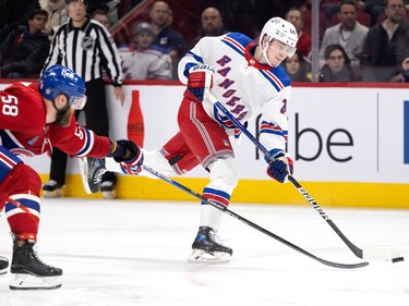 Canadiens defenceman David Savard (58) fails to stop a slap shot by New York Rangers right wing Kaapo Kakko (24) during NHL action in Montreal, on Thursday, Jan. 5, 2023.