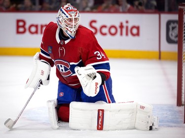 Canadiens goaltender Jake Allen (34) keeps his eye on a rebound during NHL action against the New York Rangers in Montreal, on Thursday, Jan. 5, 2023.