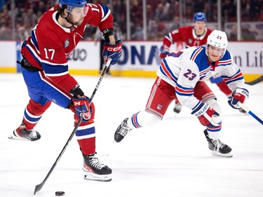 New York Rangers defenceman Adam Fox (23) grimaces as he fails to stop Montreal Canadiens right wing Josh Anderson (17) from getting a shot on net during NHL action in Montreal, on Thursday, Jan. 5, 2023.