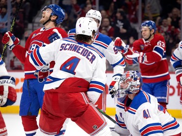 Canadiens right wing Joel Armia (40) celebrates after scoring against New York Rangers goaltender Jaroslav Halak (41) ending his hopes of a shutout during NHL action in Montreal, on Thursday, Jan. 5, 2023.