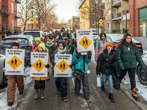 For the second time since the death of 7-year-old Mariia Legenkovska, families marched toward her school, Jean-Baptiste-Meilleur, to honour her and raise awareness for pedestrian safety in the neighbourhood in Montreal on Tuesday January 10, 2023.