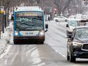 The 24 bus is seen on Sherbrooke St. in Montreal on Monday, Jan. 9, 2023.