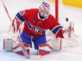 Montreal Canadiens' Sam Montembeault makes a save during third period against the Nashville Predators in Montreal on Jan. 12, 2023.