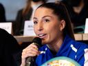Montreal boxing champion Kim Clavel speaks to the media in Laval on Jan. 10, 2023.