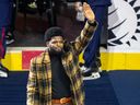 Former Montreal Canadien P.K. Subban waves to fans during a tribute to his career prior to a game against the Nashville Predators at the Bell Centre on Thursday January 12, 2023.