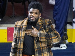 Former Montreal Canadien P.K. Subban acknowledges fans during a tribute to his career prior to a game against the Nashville Predators in Montreal on Jan. 12, 2023.