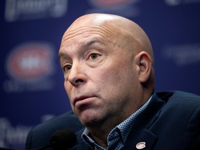 Montreal Canadiens general manager Kent Hughes speaks with the media in Montreal on Jan. 18, 2023.