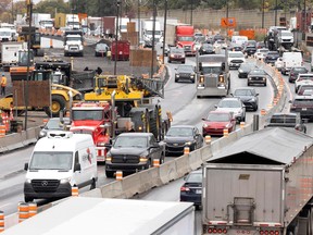 Traffic is tied up on the approach to the Louis-Hippolyte-La Fontaine Tunnel as construction work takes place in October 2022.