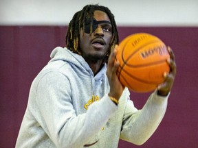 Concordia Stingers basketball player Jaheem Joseph shoots the ball during walk-through prior to a game at the Loyola campus in Montreal on Jan. 19, 2023.