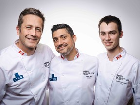 Canada’s 2023 Bocuse d’Or chefs, all from Montreal: Gilles Herzog, left, Samuel Sirois and Léandre Legault-Vigneau.