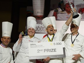 The Canadian Bocuse d’Or team won silver at the July 2022 Americas semifinals in Chile. The team for the finals in Lyon, France — including chef Samuel Sirois, second from right, and coach Gilles Herzog, far right — will spotlight Canada’s food biodiversity in two intricate challenges.