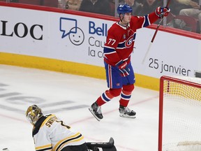 Canadiens' Kirby Dach (77) celebrates after scoring on Boston Bruins goaltender Jeremy Swayman during second period NHL action in Montreal on Tuesday Jan. 24, 2023.
