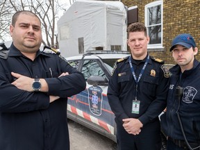 “His life has taken a major turn and we need to help him,” Eddy Afram, left, head of Emergency Medical Services in Côte-St-Luc, says of Clifford Jordan. Centre, public safety director Philip Chateauvert flanked by first responder Jordan Guetta.