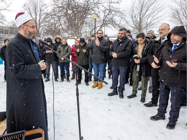 Imam Ossama Elmougi leads prayer during a ceremony to remember the people slain in the 2017 Quebec City mosque shooting in Verdun on Friday, Jan. 27, 2023.