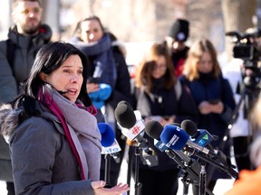 Mayor Valérie Plante addresses reporters about changes in Ville-Marie borough. Among them: three streets will be made one-way.