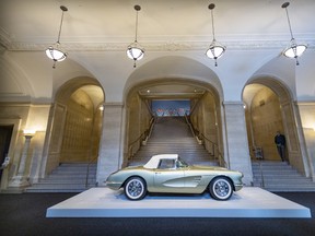 The 1958 Fancy Free Corvette designed by American Ruth Glennie is seen in the lobby of the Michal and Renata Hornstein Pavilion at the Montreal Museum of Fine Arts.