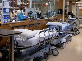 Extra beds line the hall of a Montreal emergency department.