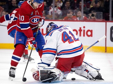 Canadiens right wing Joel Armia (40) looks on disbelief as New York Rangers goaltender Jaroslav Halak (41) manages to close his pads and trap the puck during NHL action in Montreal, on Thursday, Jan. 5, 2023.