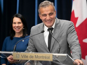 Among her proudest accomplishments so far, Bochra Manaï says, was accompanying the city’s human resources department in ensuring the diversity of the selection committee that in November chose Montreal’s new reform-minded police chief, Fady Dagher, pictured above with Mayor Valérie Plante.
