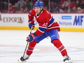 Montreal Canadiens winger Rem Pitlick looks to pass during first period against the Calgary Flames in Montreal on Dec. 12, 2022.