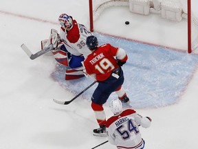 Matthew Tkachuk #19 of the Florida Panthers scores a second period goal past Goaltender Sam Montembeault #35 of the Montreal Canadiens at the FLA Live Arena on Dec. 29, 2022 in Sunrise, Florida.