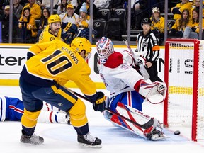 Predators' Colton Sissons scores off a nifty feed from Filip Forsberg to beat Canadiens goalie Sam Montembeault Tuesday night in Nashville.