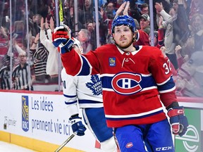 Canadiens' Rem Pitlick celebrates his game-winning goal in overtime against the Toronto Maple Leafs at the Bell Centre on Saturday, Jan. 21, 2023 in Montreal.