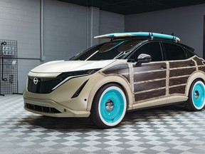 Designed to inspire EV owners to personalize their vehicles to fit their lifestyles, the Nissan Ariya Surfwagon concept reimagines the 2023 Ariya as a California-style surf “woodie” wagon." SUPPLIED